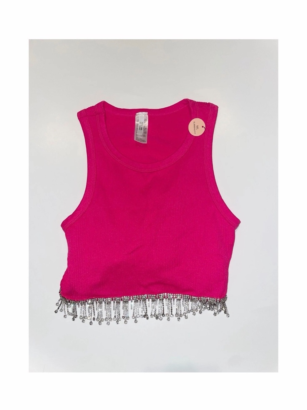 Hot Pink Ribbed Crop Tank with Silver Beaded Fringe Size M/L